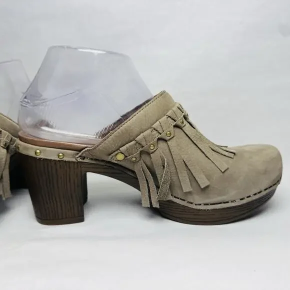 Dansko Deni Taupe Leather Fringe Studded 3” Heel Mule Clog Womens Size 38 US 8 - Picture 6 of 11